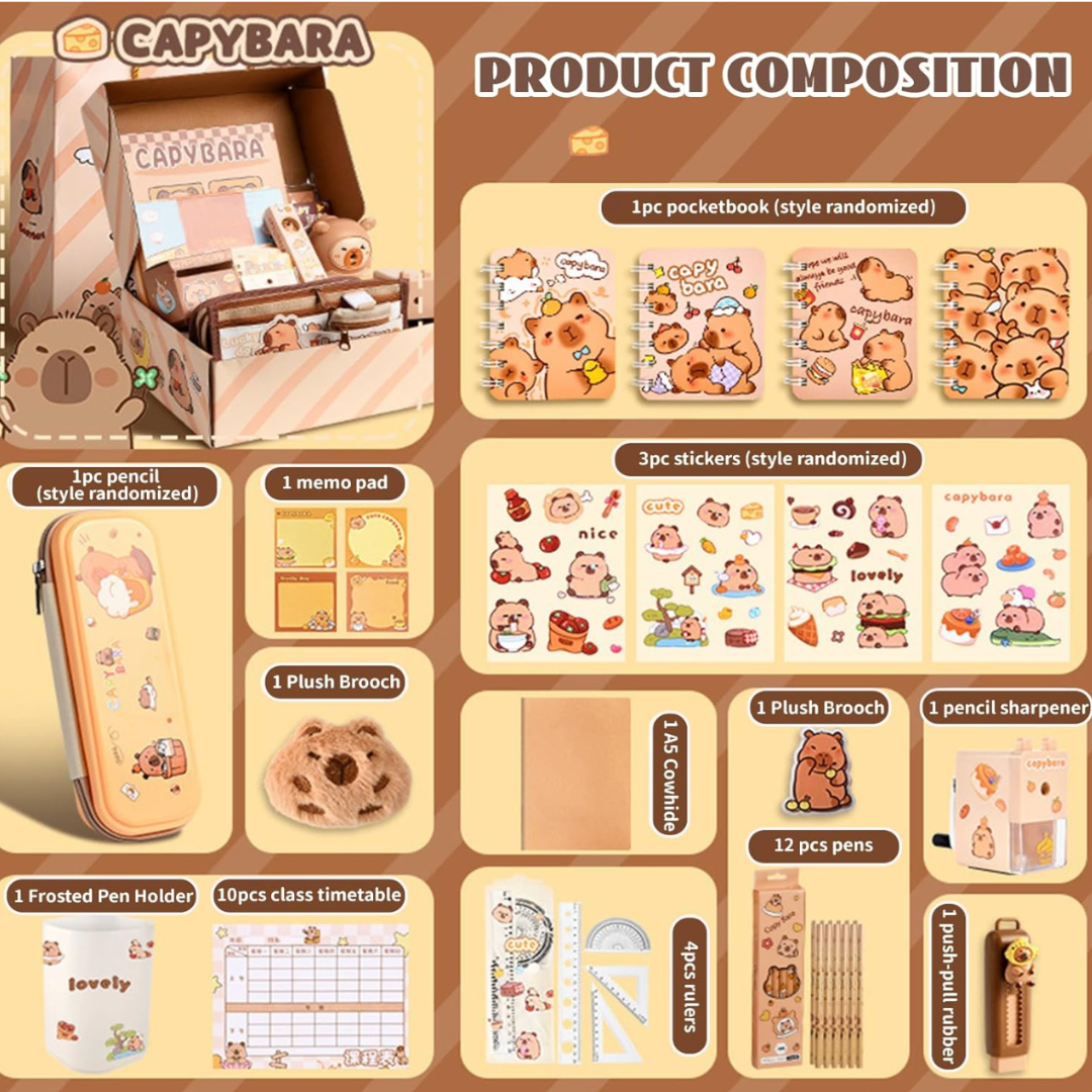 Set de Papelería Capibara Kawaii 29 Piezas Adorables Para Clase o Regalo